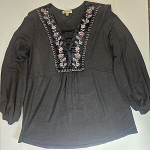 Democracy‎ Blouse Womens Medium Black Pink Veloue Floral Lace Neck Feminine Top